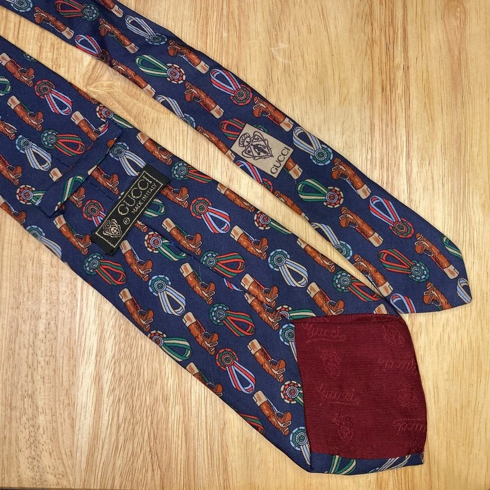 Gucci Tie Mens Blue Horse Bit Equestrian Boot Print Silk Italy Vintage 90s